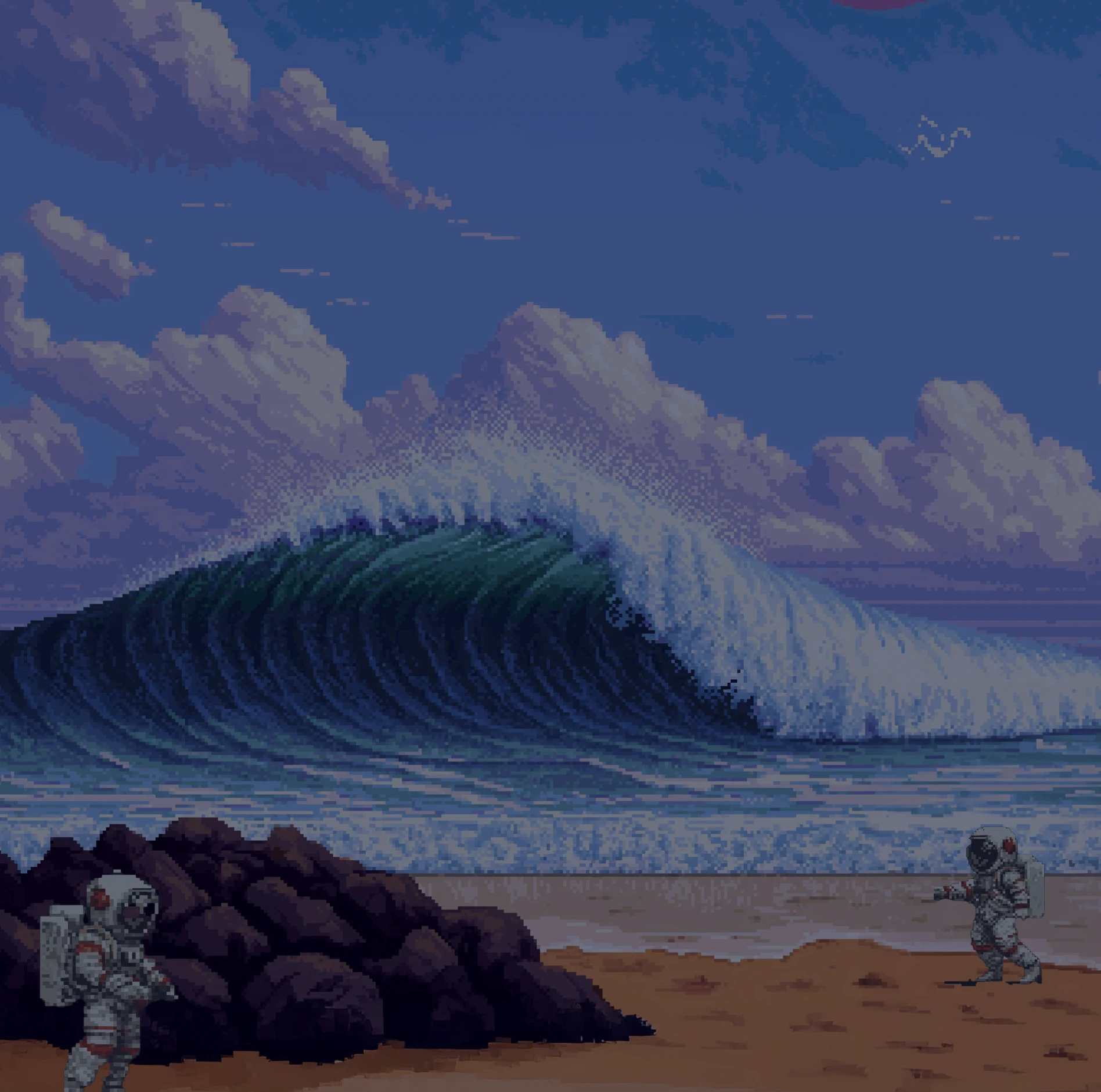 A pixel art scene depicting a massive ocean wave crashing towards a sandy shore under a partly cloudy sky. The wave has deep blue and green hues, with foamy white highlights. Two astronauts in full space suits are present on the beach; one stands near a pile of dark rocks, while the other appears to be running or reaching out. The surreal composition combines elements of space exploration with an earthly oceanic setting, creating a dreamlike or sci-fi atmosphere.