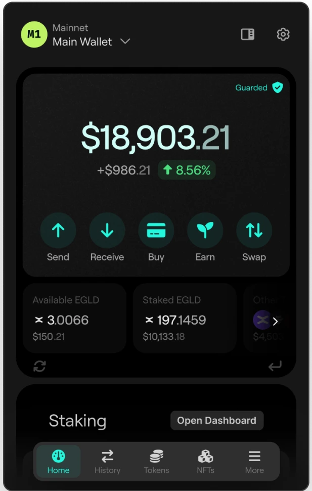 A cryptocurrency wallet interface labeled "Main Wallet" on the Mainnet network, displaying a total balance of $18,903.21 with an 8.56% increase. It includes options to send, receive, buy, earn, and swap EGLD tokens. Below, it shows 3.0066 available EGLD and 197.1459 staked EGLD. The interface is dark-themed with green highlights and a "Guarded" status indicator.