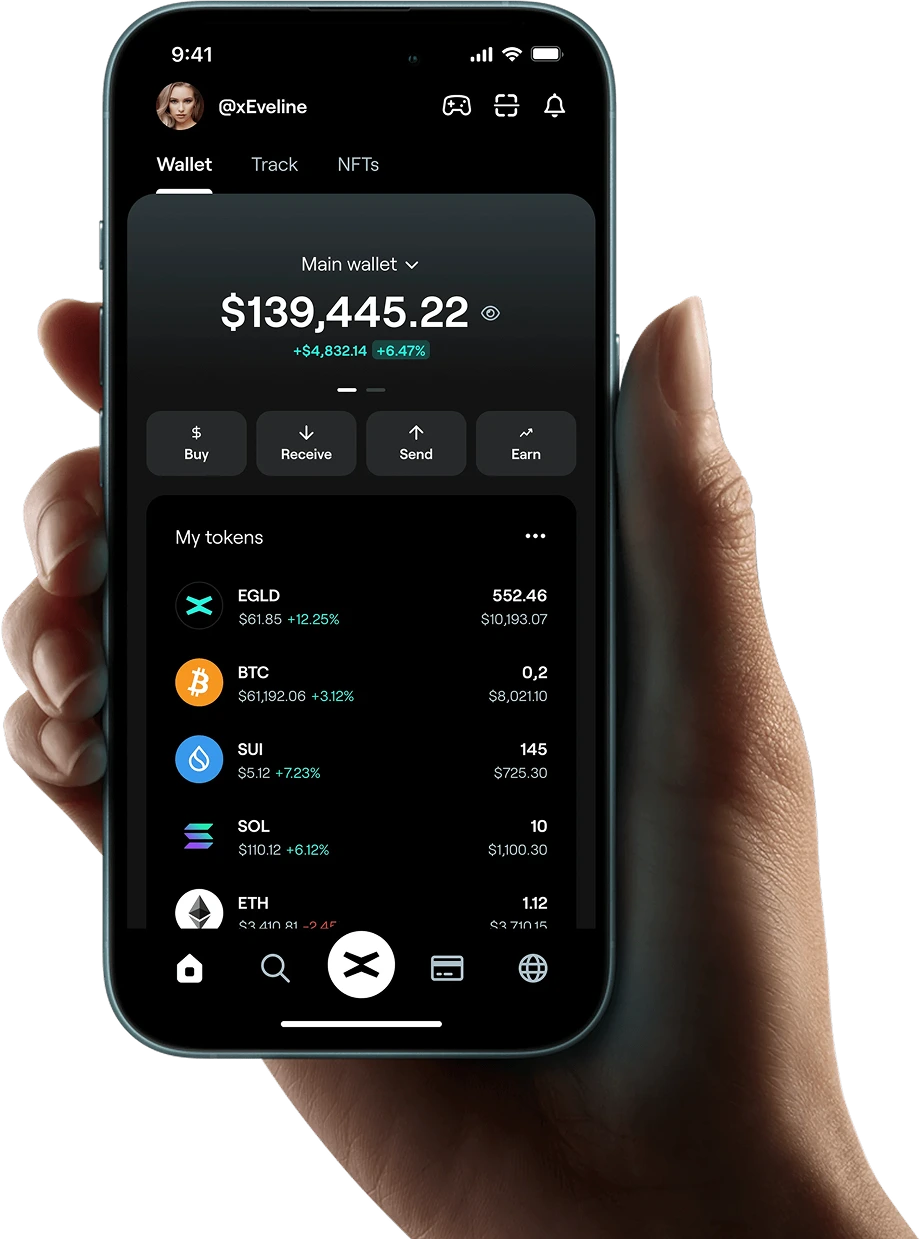 A hand holding a smartphone displaying a sleek dark-themed crypto wallet app under the profile @xEveline. The wallet shows a balance of $139,445.22 with a 6.47% gain. Token holdings are listed below, including EGLD, BTC, SUI, SOL, and ETH, with their respective values, quantities, and percentage changes. The app interface has options for buy, receive, send, and earn, with a bottom navigation bar.