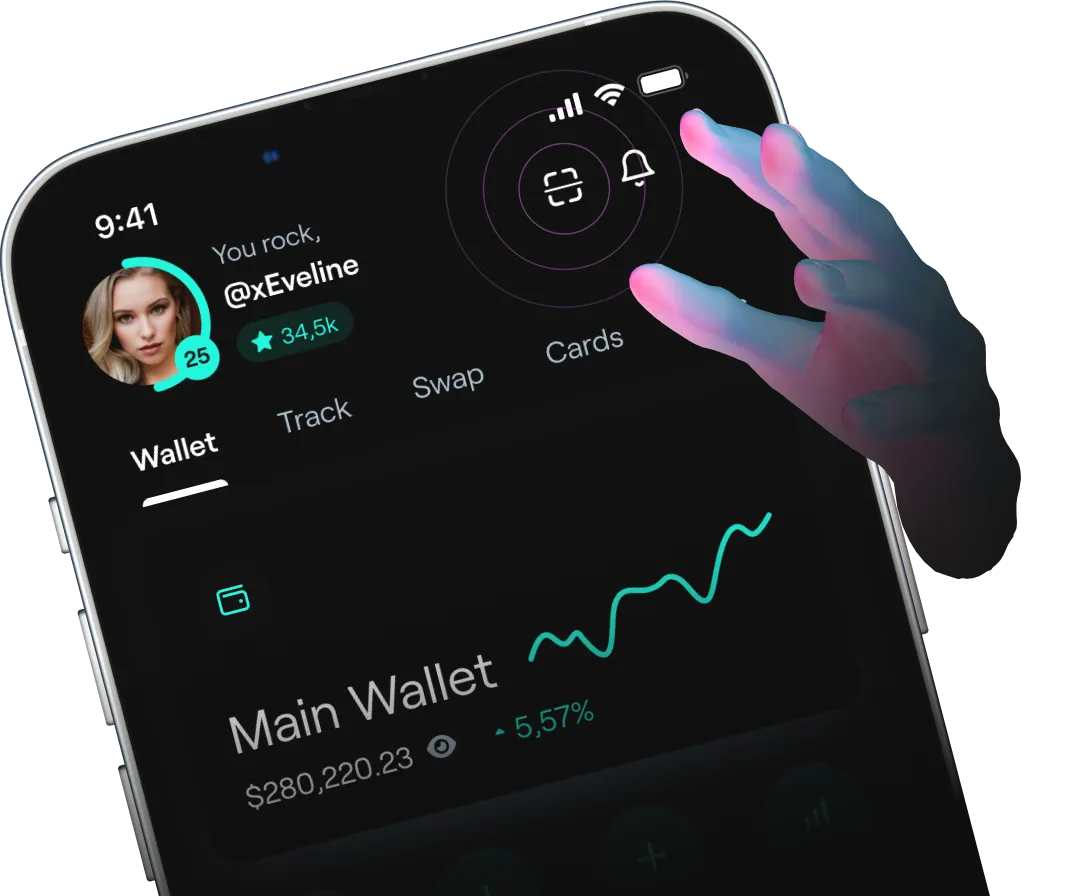 Mockup of the xPortal App showcasing the profile of the Main wallet with a neon hand coming from the right